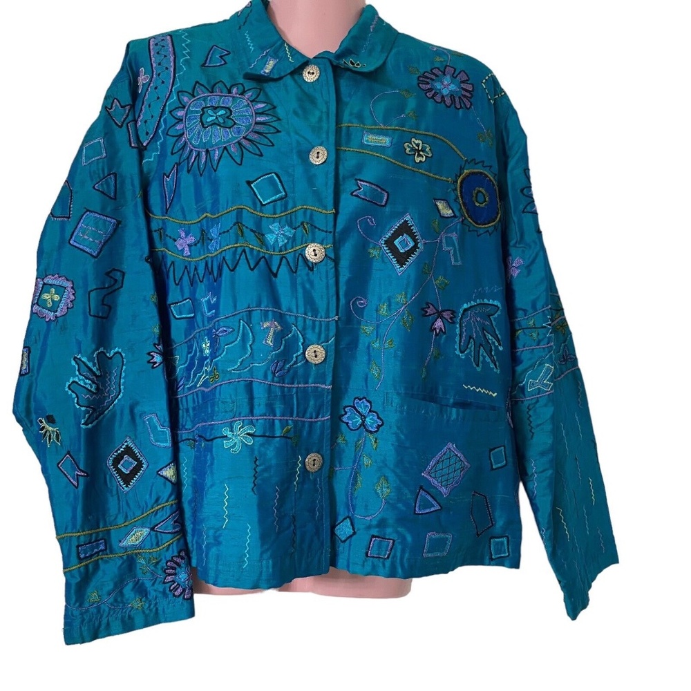 Chico's Women's Jacket Size 3 Teal Blue Silk Abstract Embroidered Flowers